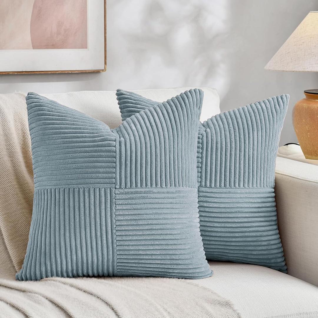 Fancy Homi Set of 2 Light Blue Decorative Throw Pillow Covers 18x18 Inch with for Couch Bed Sofa Living Room, Soft Cross Patchwork Striped Corduroy Coastal Blue Square Cushion Case 45x45 cm