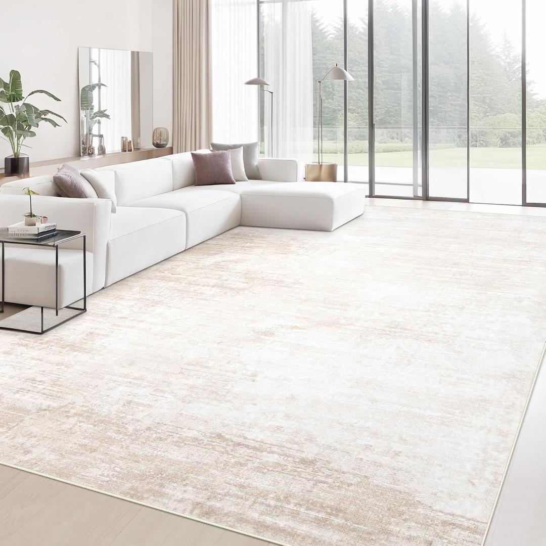 Area Rugs 9x12 Living Room: Washable Rug Modern Abstract Large Rugs Soft Non Slip Neutral Rug Stain Resistant Indoor Carpet for Bedroom Kitchen Dining Room Table Nursery Home Office Rugs (Beige,9'x12')