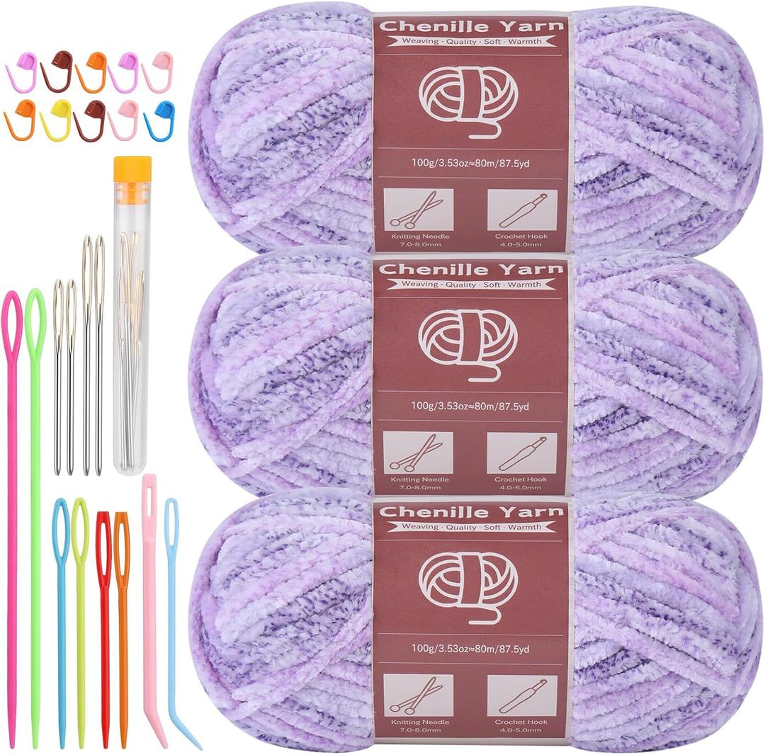 LUNARM Chenille Yarn for Crocheting Knitting, 3 Pack of 100g/3.5oz Velvet Yarn Thick Soft Chunky Fluffy Weaving Plush for Blankets Clothes Pattern Creations 263 Yard(Purple Gradient)