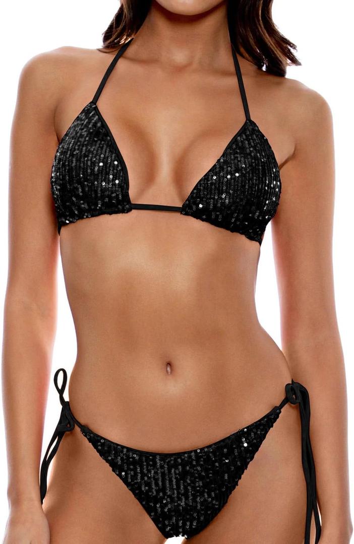 Women's Shiny Triangle Bikini Set Sequin Halter String Backless Tie Side Two Piece Swimsuit Bathing Suit (2-4, Black)