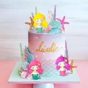Princess Mermaid Cake Topper Under the Sea Mermaid Starfish Seaweed Cake Toppers Decorations for Summer Seashell Tail Girls Bithday Party Baby Shower, Pack of 2  