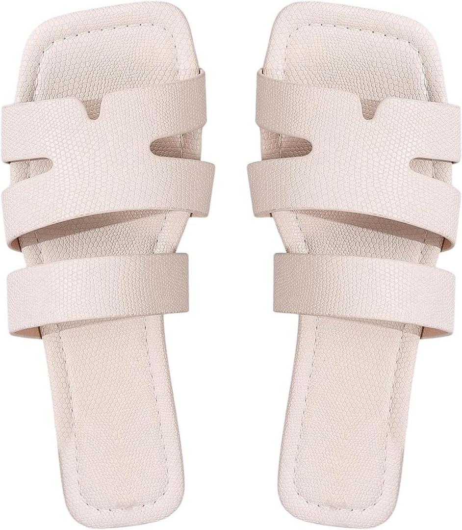 OYOANGLE Women's Textured PU Leather Square Open Toe Flat Sandals Cut Out Slide Sandal Beige, Size 8.5