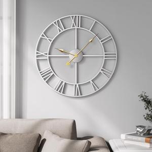 Cuspin 20 Inch Wall Clock Large Silver Decorative Clocks, Modern Metal Round Wall Clock Battery-Operated Roman Numerals for Living Room Bedroom, Kitchen, Office Decor