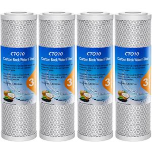 1 Micron 2.5" x 10" Whole House CTO Carbon Sediment Water Filter Cartridge Compatible with DuPont WFPFC8002, WFPFC9001, SCWH-5, WHCF-WHWC, FXWTC, CBC-10, RO Unit, Pack of 4