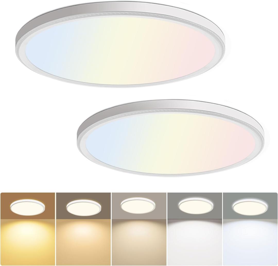 Hunhun 2 Pack 3200lm LED Flush Mount Ceiling Light 12 Inch, 5CCT Adjustable,Super Slim 0.87 inch led Ceiling Light Fixture for Bedroom, Living Room, Dining Room (White, 2-Pack)