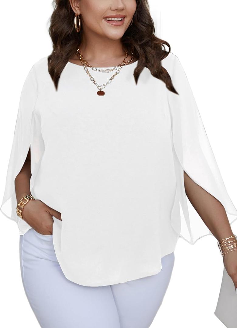 SCOMCHIC Plus Size Blouses for Women Summer Chiffon 3/4 Sleeve Tunic Tops Dressy Scoop Neck Casual Loose Flowy Shirts (X-Large Plus, White)
