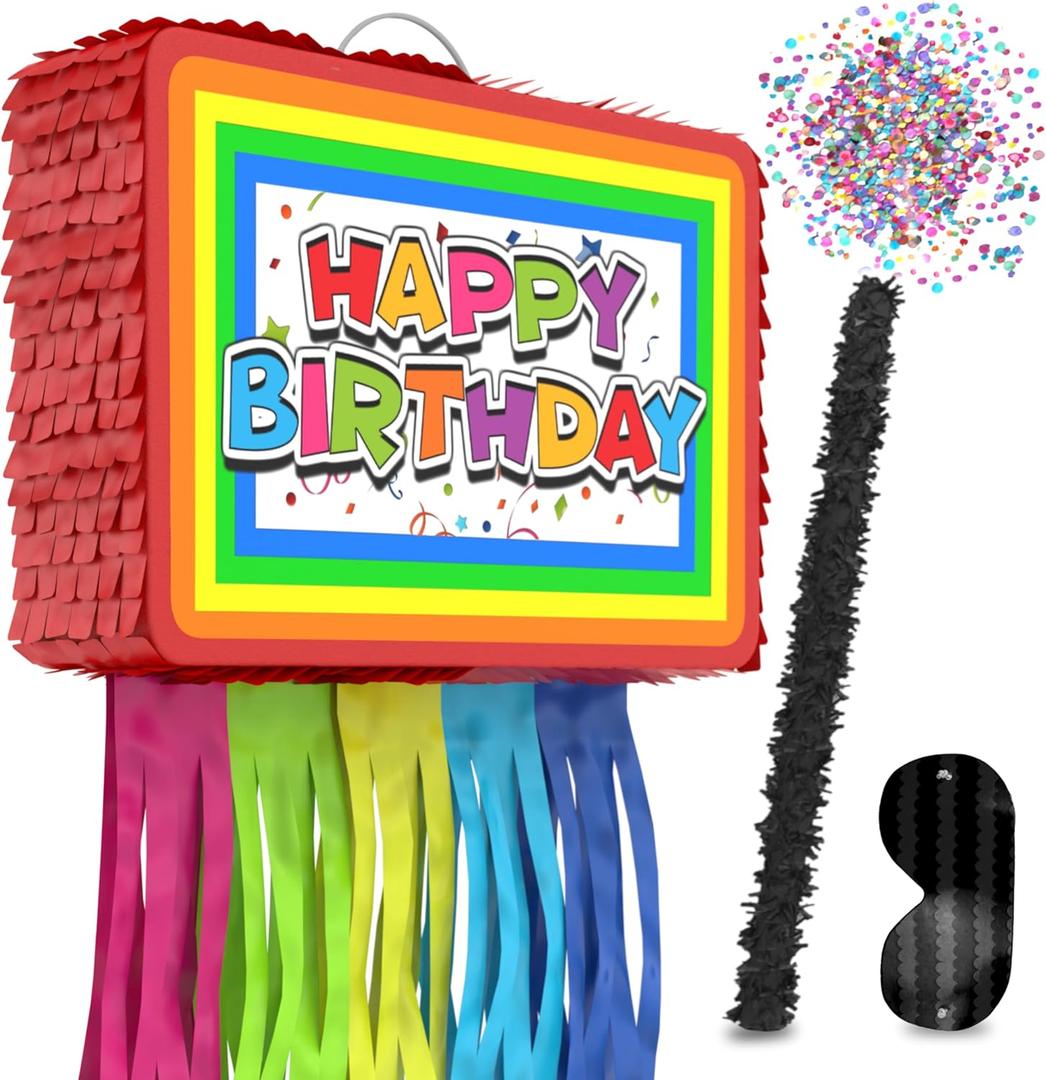 Birthday Piata 4-Piece Set great for Boy, Girl, and Adult party. Happy Birthday Decorations, fun & unique style, fits candy party favors (16X10) durable!