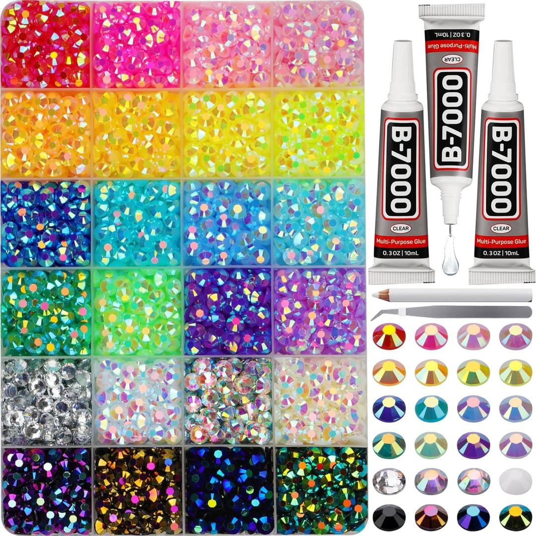 4000Pcs Rhinestones for Bedazzling, 6mm Bedazzler Kit with Flatback Rhinestones for Clothes Crafting Crafts Nails Clothing, Flat Back Resin Rainbow Colorful Colored Crystal with B 7000 Glue Clear (Large Pack + 3pcs Glue, 24 Mix Jelly AB colors | 6mm)