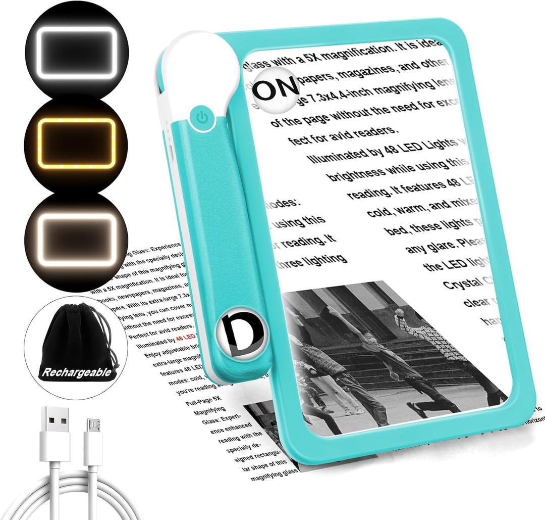 30X 10X 5X Large Magnifying Glass with Light, Rechargeable Foldable Full Book Page Magnifier, 48 LED Light Small Print Magnifier Sheet Lightweight for Low Visual Person Seniors Blue