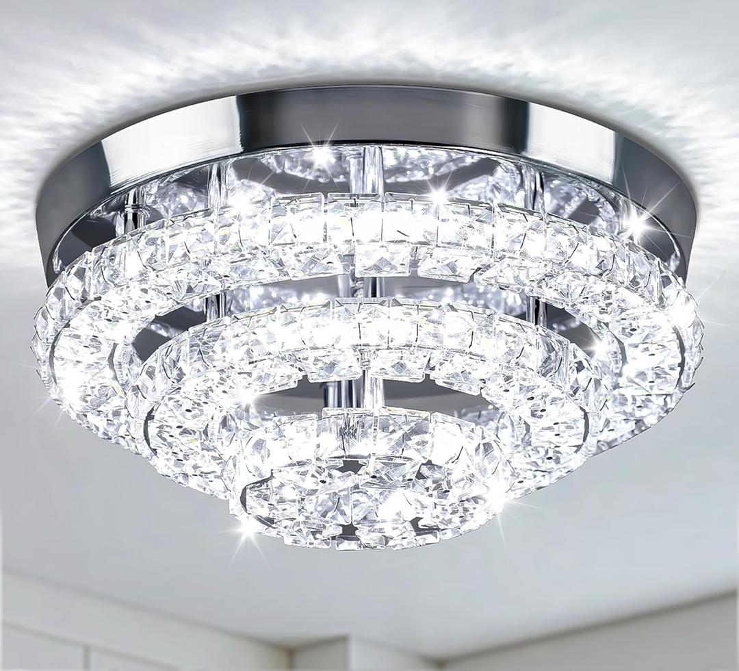 Cainjiazh 19.7" Dimmable Crystal Chandeliers Modern Crystal Ceiling Light Fixtures Acrylic 5 Arms Led Flush Mount Ceiling Light Lamp for Dining Room Living Room Bedroom Hallway Remote Control