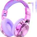 QearFun Kids Headphones Wired with Mic, 85/94dB Safe Volume Limit, Foldable Over Ear, Tangle-Free Cord & Sharing Port, Wired On-Ear Headset for School, Chromebook, Tablet, Travel - Boys & Girls (Light purple)