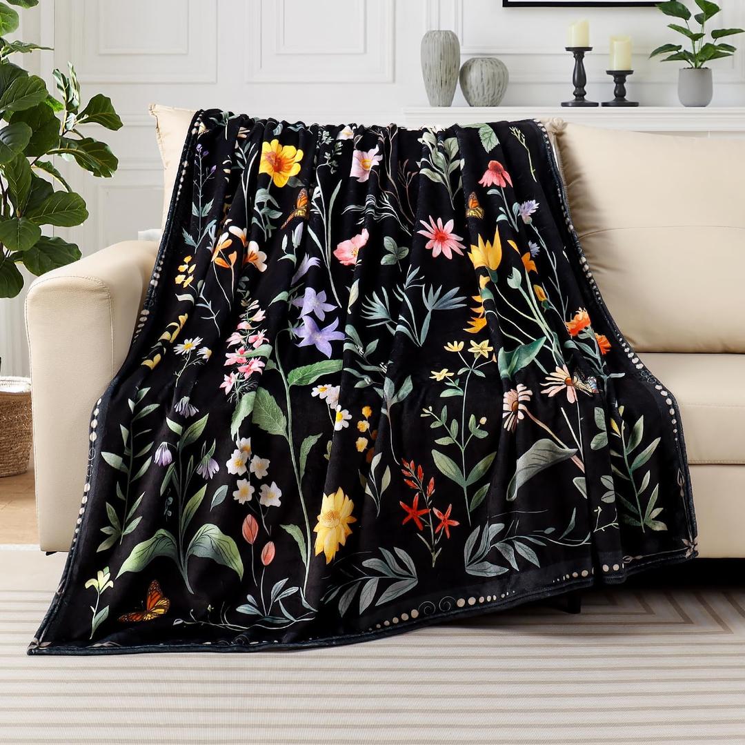 Spring Flowers Throw Blanket Black Vintage Floral Blankets Soft Cozy Flannel Fleece Plants Butterfly Print Bed Blankets for Bedding Sofa and Travel Camping 50" 60"