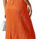 OYOANGLE Women's Summer Textured V Neck Sundress Tie Back Spaghetti Strap Pleated A Line Beach Long Maxi Party Dress, Small