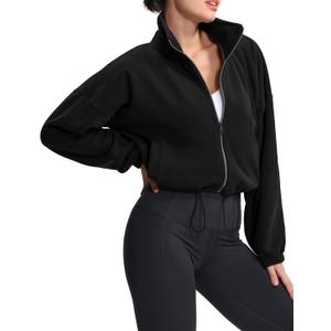 THE GYM PEOPLE Women's Fleece Cropped Jacket Full Zip Stand Collar Workout Short Sherpa Coats with Pockets Drawstring Hem, Medium, Black