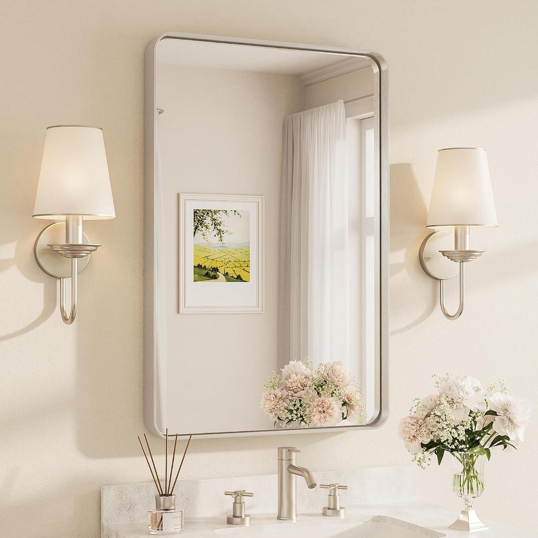 Brushed Nickel Bathroom Mirror 24 x 36 Inch for Vanity Metal Framed Mirror Modern Farmhouse for Living Room Entryway(Horizontal/Vertical)