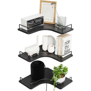 L-Shaped Corner Floating Shelves Set of 3,Rustic Wood Wall Mounted Storage Shelves,Display Shelf for Bathroom, Kitchen,Bedroom, Living Room, Office (Black)