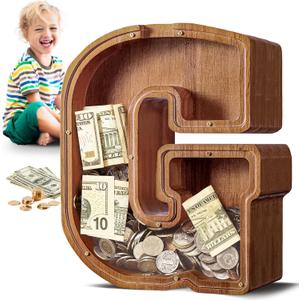 Summidate Large Wooden Piggy Bank for Kids Adults, Letter G Money Bank for Boys Girls, Personalized Initial Alphabet Bank for Coins Bills Change, Birthday and Decor