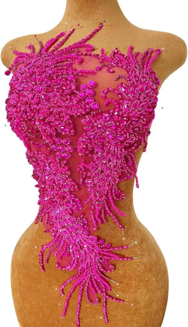 Hand Beaded Big Front Body Wedding Dress Gown Patch Patches Sew on Lace Appliques with Rhinestones Crystals Accessories DIY for Sewing Costumes Proms (deep Pink)