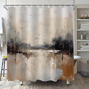 Oil Painting Abstract Shower Curtain for Bathroom, Brown Black Grey White Boho Shower Curtain Set, Cream Beige Art Fabric Modern Waterproof Bathroom Decor with 12 Hooks 72x72in YLATY1013