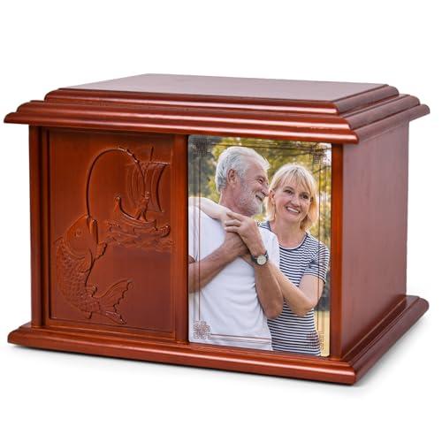 Double Urn for 2 Adults, Urns for Ashes for Man Women, Fishing Cremation Urns for Human Ashes Two Person Adult Female Male, Wooden Companion Urns Large Box Holds 4 x 6 inch Photo