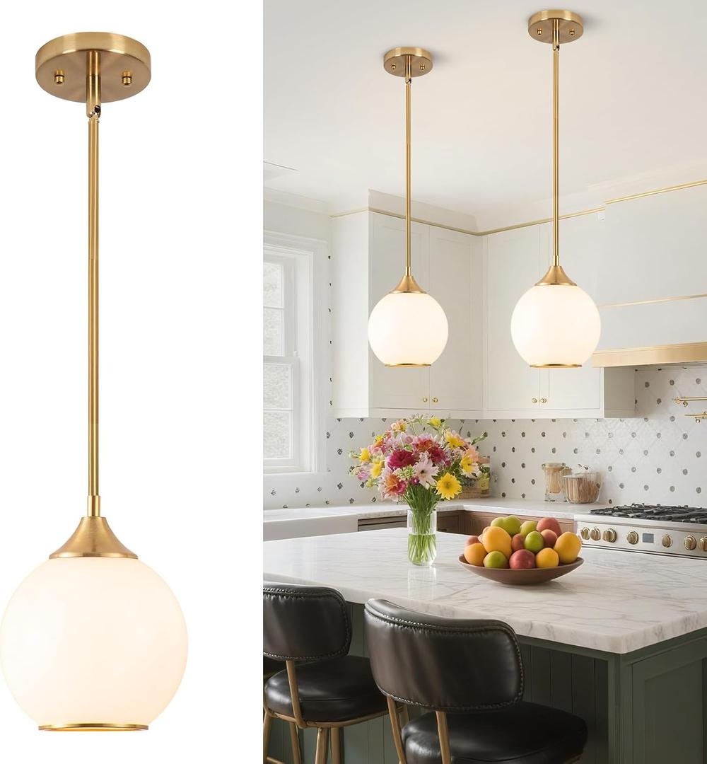 Pendant Lights Kitchen Island,Farmhouse Pendant Light with Milky Glass Globe Shade,6.29" Glass Pendant Light for Brushed Bronze Finish Farmhouse Entryway Dining Room Kitchen Island 1 Light, 6.29" X 6.29" X 59.4" Inches