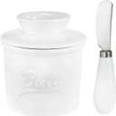 Ceramic Butter Crock with Lid & Spreader Knife, Butter Keeper - Ideal Butter Storage & Countertop Butter Dish, White