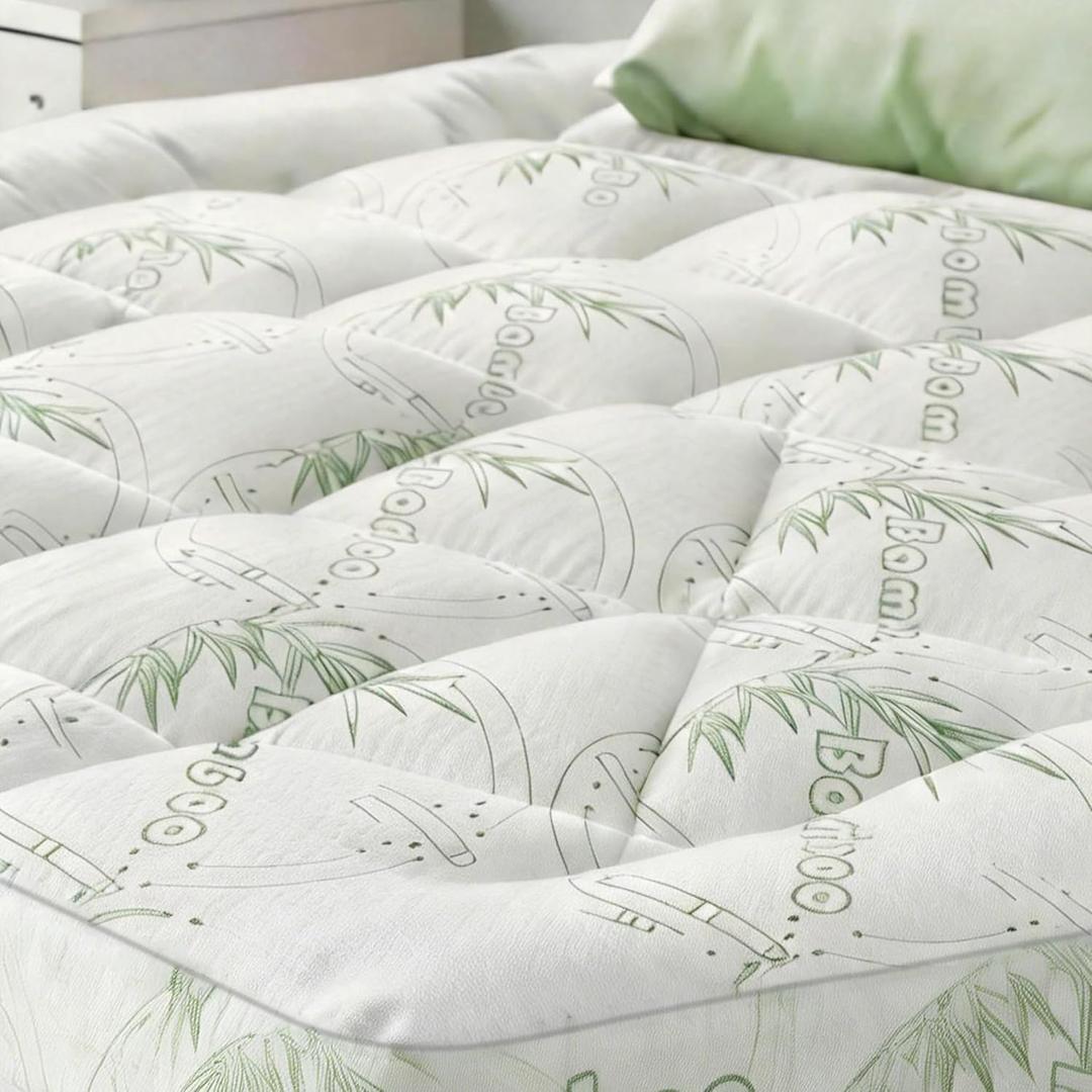 Bamboo Mattress Topper Queen Size with Deep Pocket 1700 GSM Fill Cooling Shredded Memory Foam Mattress Pad Rayon Derived from Bamboo, Ideal for Side Sleepers, Back Pain, Hot Sleepers (Light Green)