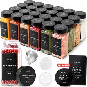 Glass Spice Jars with Label and Black Lids (24 x 4oz) Spice Containers with 240 Labels, Shaker Inserts, Steel Funnel, Empty Square Empty Square Seasoning Organizer