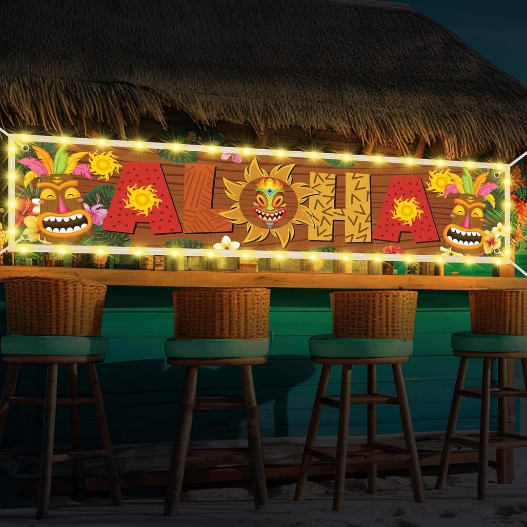 2 x Oudain Aloha Hawaiian Luau Party Decorations Lighted Aloha Banners Decorations Banners Sign for Summer Hawaii Luau Tropical Theme Beach Pool Birthday Party Supplies Decor