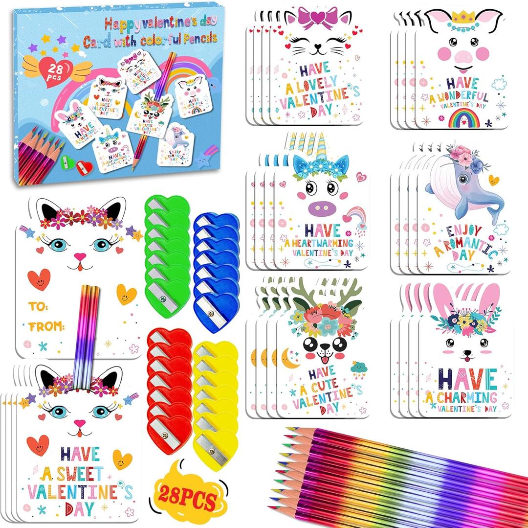 28 Pack Valentines Day Cards Gifts for Kids School, Greeting Cards with Rainbow Pencils & Pencil Sharpener, Cute Animal Classroom Exchange Cards, Valentine Party Favors for School Valentines Day (White)