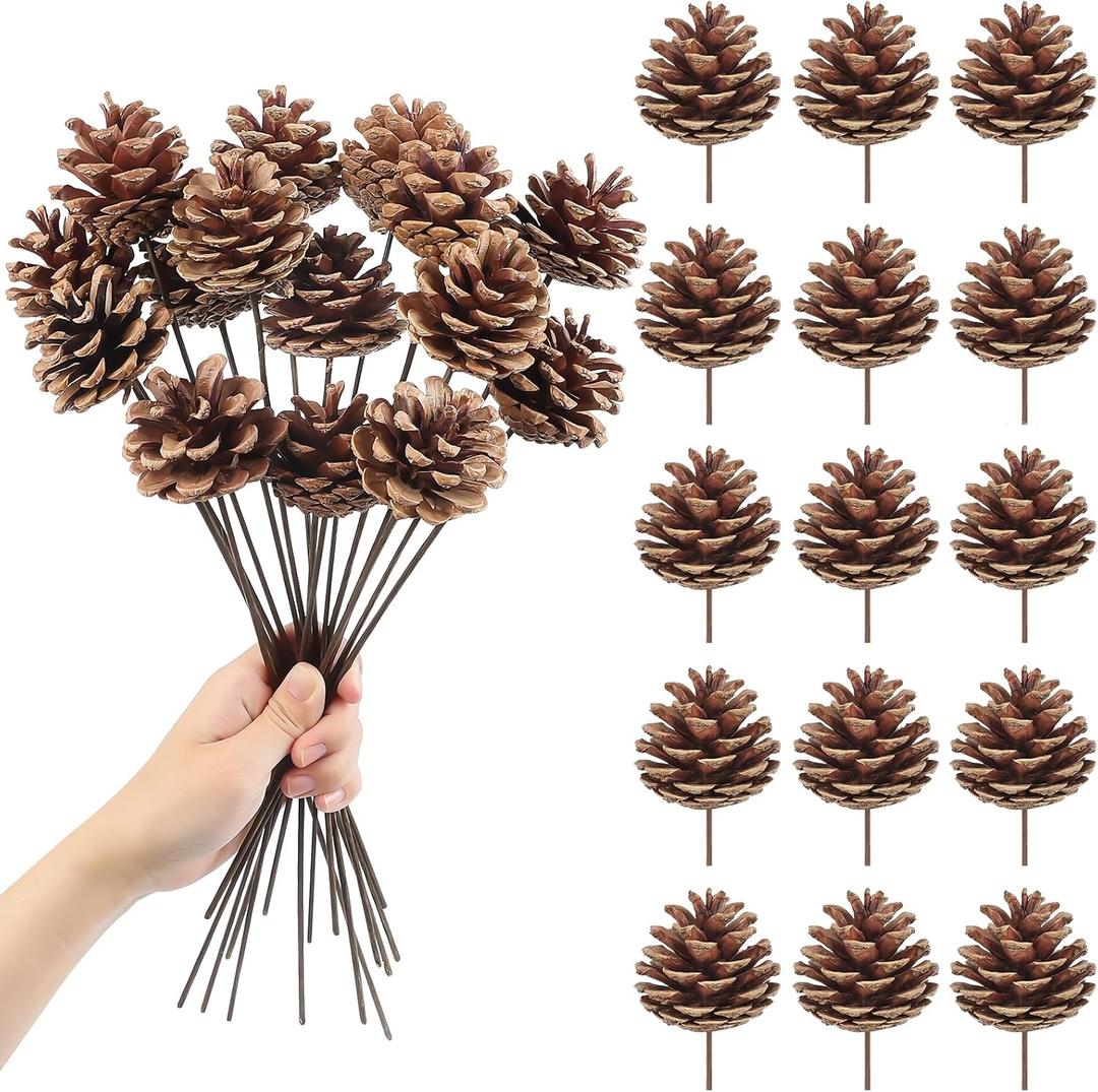 Larber 15pcs Natural Pine Cones Decoration 30CM Pine Cones Ornaments with Stem Pine Cone Picks for Christmas Tree Ornament Vase Party Holiday DIY Craft Home Decoration