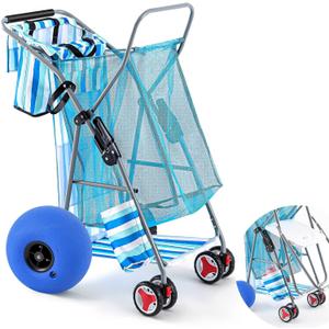 DoubleFill Foldable Beach Cart with 12 Inch Balloon Wheels for Sand, 100 lb Capacity Beach Wagon with Aluminum Frame, Removable Tote, Folding Sand Cart for Gear, Fishing, Camping(Blue,Striped)