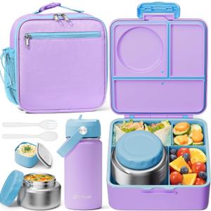 Fimibuke Kids Bento Lunch Box, Leakproof Toddler Bento Box with 8.5 OZ Insulated Food Jar, Lunch Bag, Kids Water Bottle, 3 or 4 Compartment Container for Back to School Toddler Girls Boys