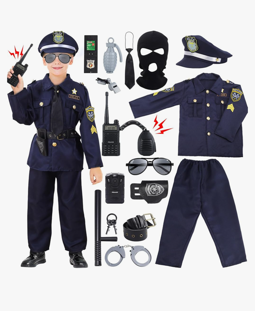 Skirfy 16PCS Police Costume for Kids,Police Officer Costume for Kids,Kids Cop Costume Role Kit, Kids Halloween Costume, Medium