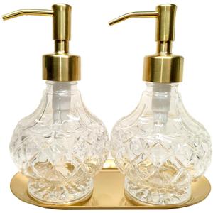 Kollong Glass Soap Dispenser with Pump and Stainless Steel Tray.Vintage Soap Dispenser Bathroom & Kitchen Set w. Dish Soap, Hand Soap, Lotion Dispenser (Gold)