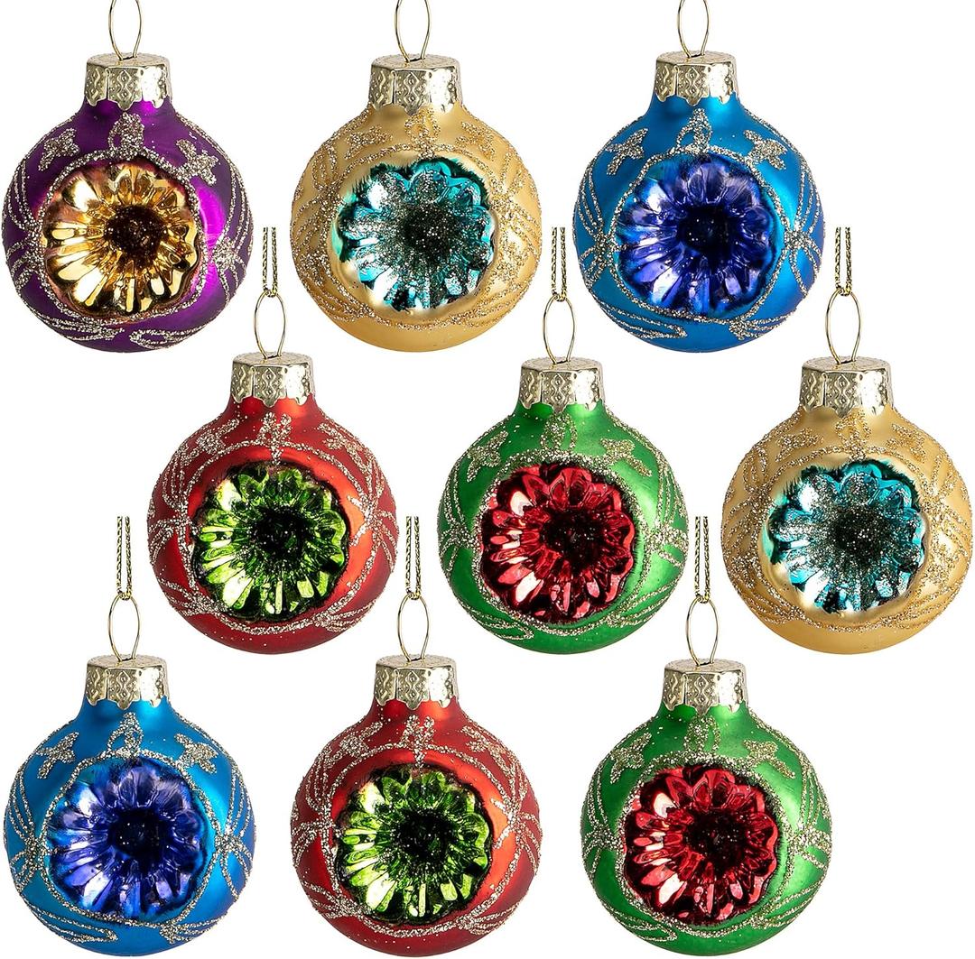 9 Pcs Christmas Glass Reflector Ball Ornament, 1.6'' Hanging Decoration, Multicolored Glass Ball for Vintage Tree Decor, Party Flower Arrangement