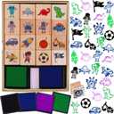 HOWAF 16pcs Wooden Stamps for Kids Boy Crafts with Ink Pad 4pcs, Dinosaur Football Outer Space Pirate Car Stamps for DIY Scrapbook Card Making, Party Bag Fillers Favor for Boys Christmas Birthday Gift