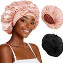 Silk Hair Bonnet with Strap for Sleeping, Double-Layer Satin Sleep Cap for Women, Soft Lining for Curly and Natural Hair (Black/Blush)