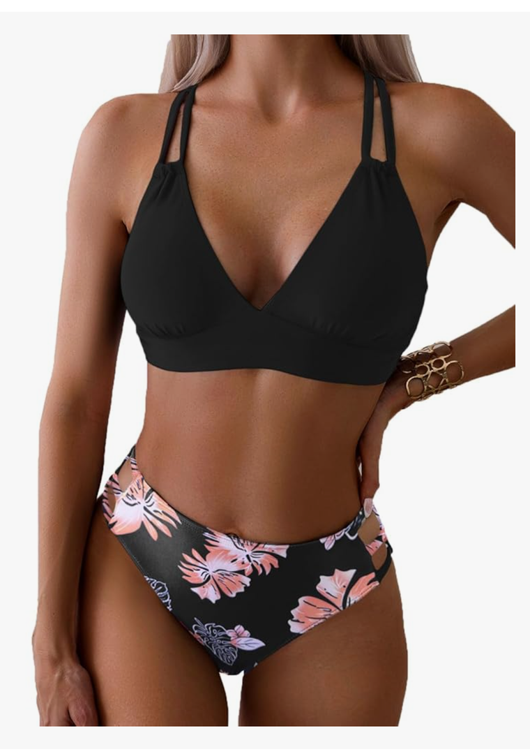 Tainehs Women's Push Up V Neck Bikini Sets Criss Cross Back Two Piece Bathing Suit, Size L