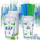 Remerry 25 Sets Golf Party Cups with Lids and Straws - 17 Oz Plastic Blue and Green Clear Cups Bulk for Birthday Party Baby Shower Theme Events Decorations Supplies