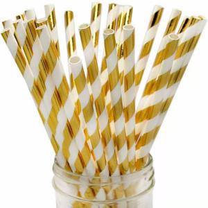 Clinquant Gold Lightful Stripes Paper Straws, Christmas Weddings Decoration Party Drinking Straws, 100 Pcs Disposable Gold Striped Straw in Kraft Box