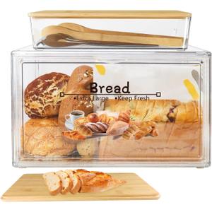 RISICULIS Large Bread Box for Kitchen Countertop, Bread Storage Container, and Utensil Organizer with Bamboo Cutting Board Lid, Clear Bin, Keeper for Homemade Bagel, Muffins, Rolls