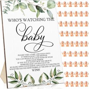 51 Pcs Cool Baby Shower Games Who's Watching The Baby Sign Wooden Gift Sets Gender Reveal Party Favors 50 Tiny Plastic Babies Small Mini for Party Decors(Green Leaves)
