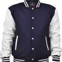 Men's Varsity Jacket Genuine Leather Sleeve and Wool Blend Letterman Boys College Varsity Jackets XS-5XL (Navy Blue/White)