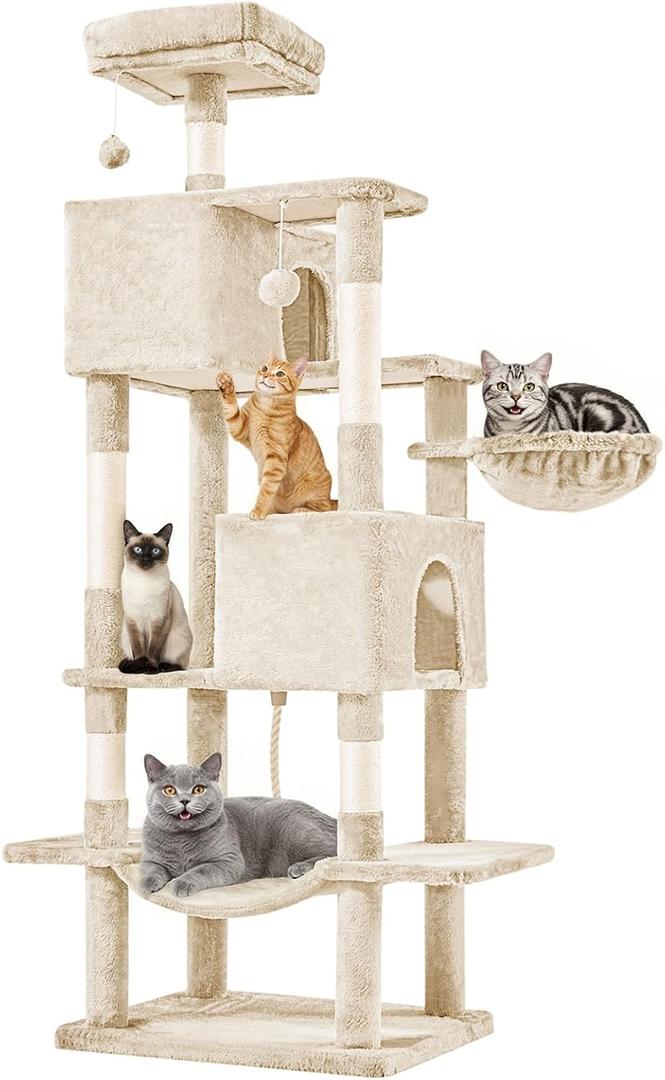 DUMOS Large 66 Inch Cat Tree Tower with Scratching Posts, Indoor Use
Tall Multi Level Cat Climbing Tower with Hammock, Pet Condo for Cats and Kittens Play, Beige