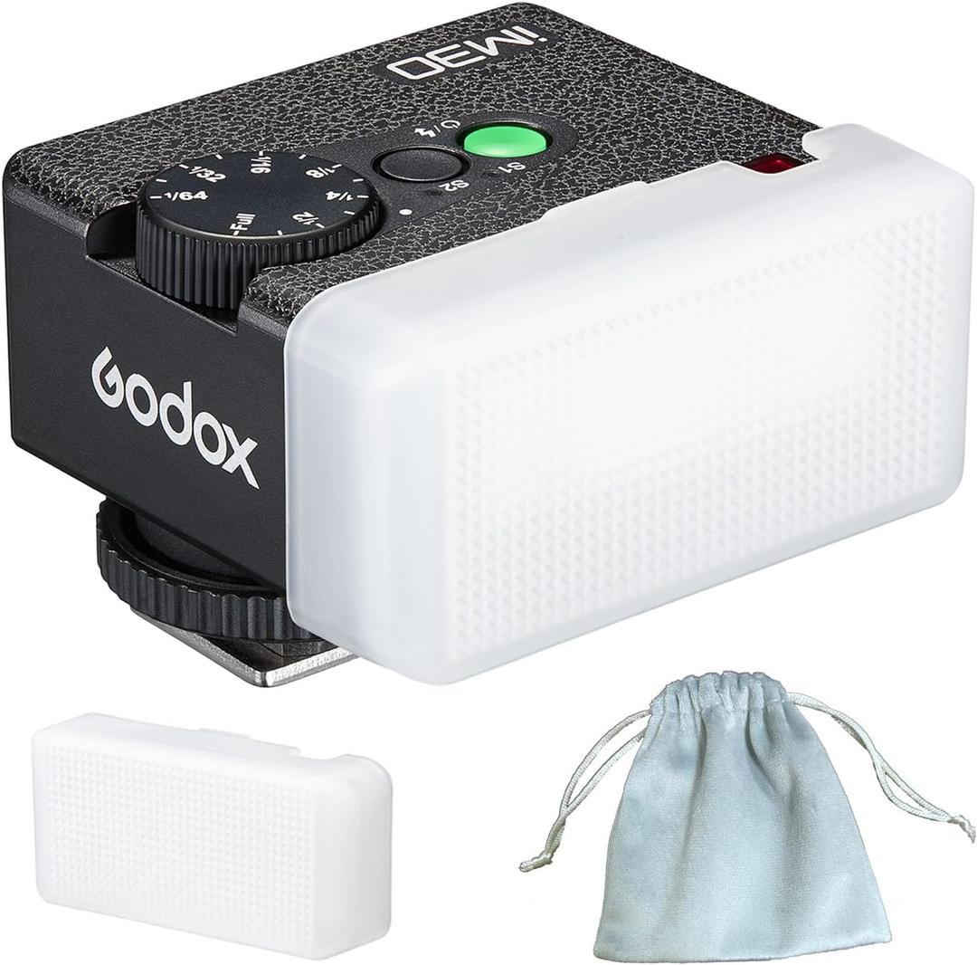 Godox Flash iM30 Mini Flash with Diffuser for Canon/Sony zv1 zve10 /Nikon/Fuji/Olympus Universal Hotshoe Cameras, Speedlite GN 15, 7 Power Levels, 6500K200K, 230 Full-Power Camera Flashes