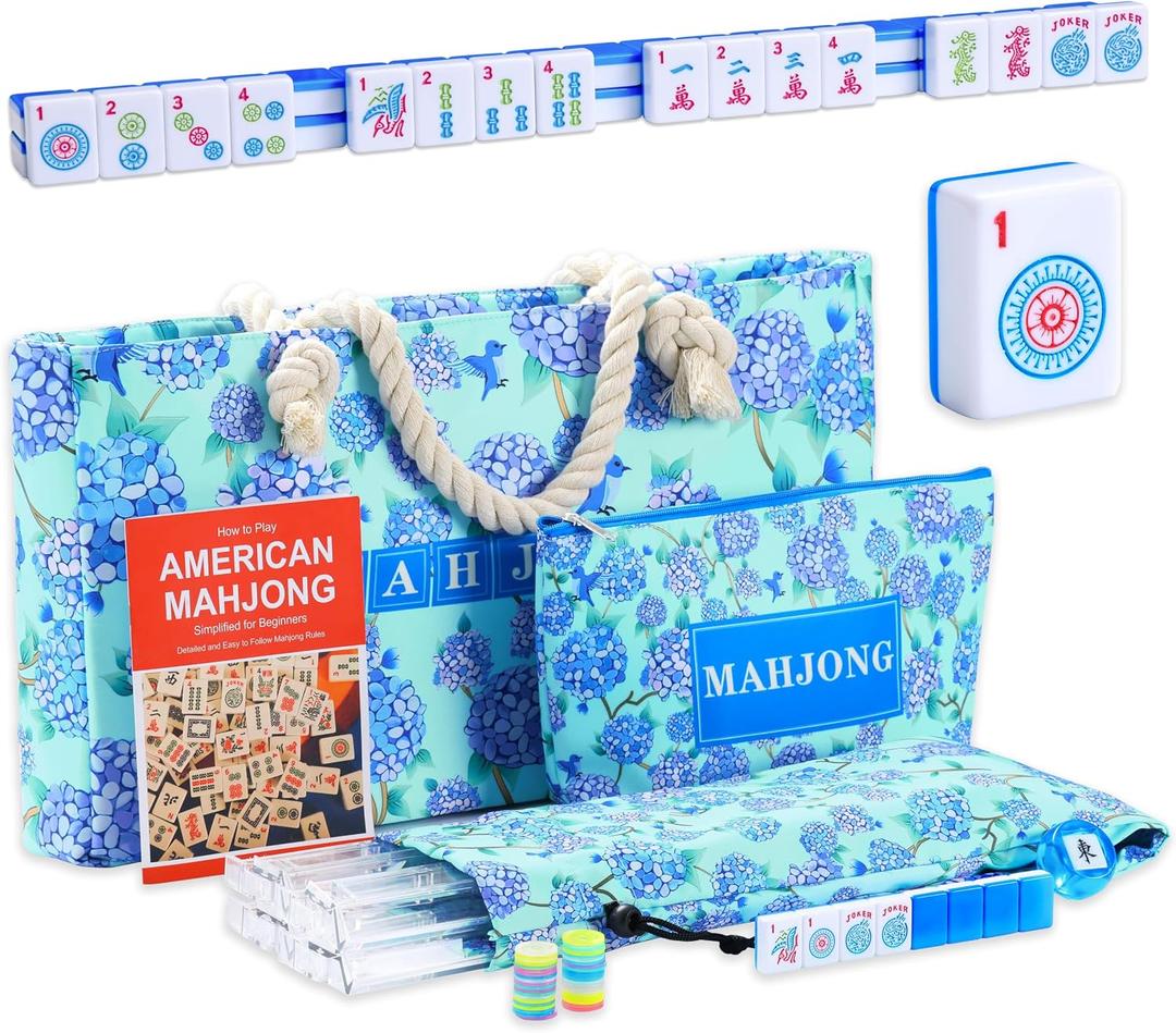 2026 American Mahjong Set Complete with Green Carrying Bag, 166 Blue Engraved Melamine Mahjong Tiles1.2", 4 All-in-One Transparent Mahjong Racks with Pushers, Majiang Tile Set, 1.2" x 0.9" x 0.5"