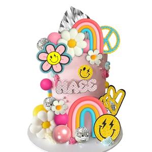 25 PCS Groovy Cake Topper Boho Rainbow Hippie Cake Decoration with Disco Balls and Daisy Flowers for Groovy Theme Birthday Party Supplies
