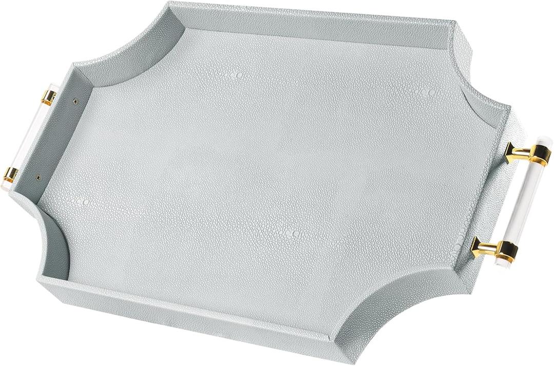 Shagreen Decorative Large Serving Platters Tray with Handles for Coffee Table Decor Modern Elegant Scalloped Ottoman Tray(Ice Blue, 22.6''  13'')