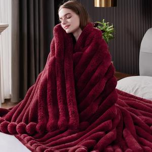Fluffy Faux Fur Throw Blanket, Thick 1000GSM Soft Cozy Throw Blankets for Bed, Luxury Plush Striped Warm Fuzzy Blanket for Couch LivingRoom Home Decor & Gifts (30"x 40", Red)